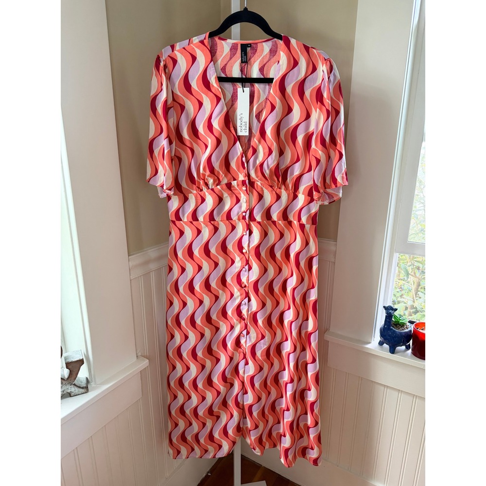 Nobody's Child Alexa Midi Dress Retro Wavy Print Pink Orange Size 16 (UK)/12 US - Picture 2 of 15